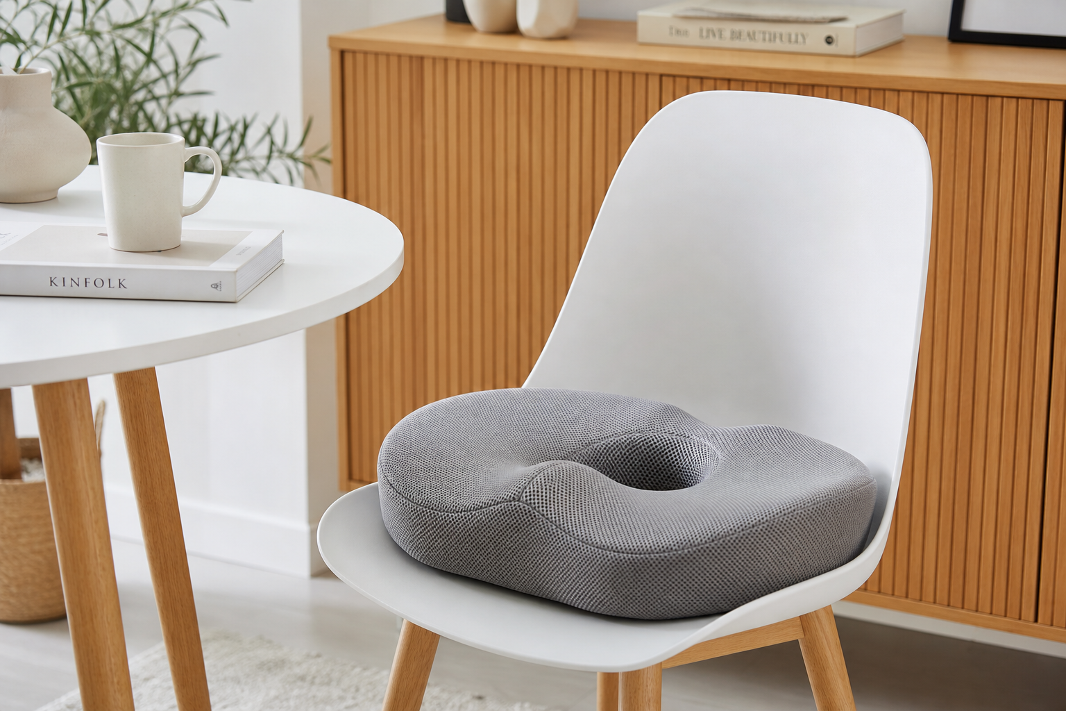 Almofada ConfortSuave numa cadeira num interior minimalista